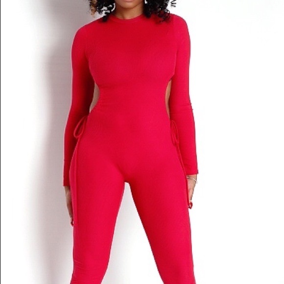 Red Ripple Cutouff Jumpsuit - Picture 9 of 10